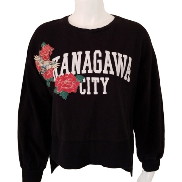 ZARA 2017 Kanagawa City JAPAN Black Oversized Sweatshirt S Small Top Hi Low - Picture 10 of 12